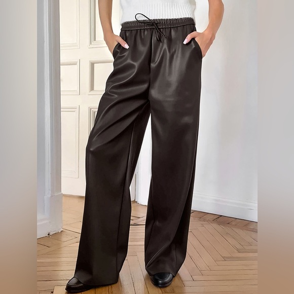 Commense Pants - Commense Chocolate Brown Wide Leg Elastic Waist Drawstring Faux Leather Pants Sm
